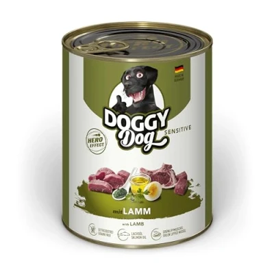 Abbildung von DOGGY Dog Paté Lamm Sensitive, 6 x 800 g, Nassfutter für Hunde, getreidefreies Hundefutter mit Lachsöl und Grünlippmuschel, besonders gut verträgliches Alleinfuttermittel, Made in Germany