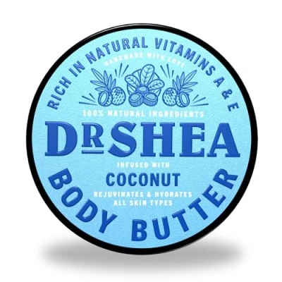 Abbildung von Kokosnuss Körperbutter von Dr. Shea. Superweiche Feuchtigkeitscreme. Unraffinierte Bio Sheabutter. Körperbehaarung. Trockene Haut, Anti Aging, natürlicher UV Filter, Ekzeme und mehr.