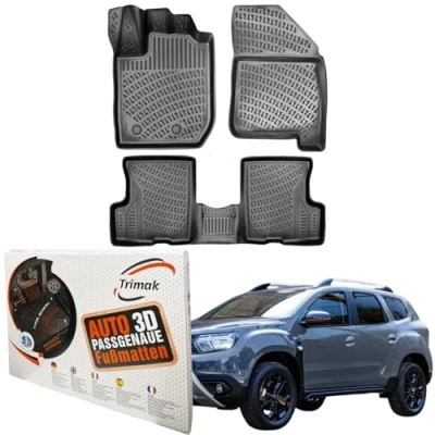 Abbildung von Trimak Passgenau 3D Fussmatten kompatibel mit Dacia Duster 4x2 für Prestige 2018 2022 Auto Zubehör 1. und 2. Reihe Gummimatten Autos TPE Allwetter Geruchlos rutschfest Vorne Hinten Schwartz