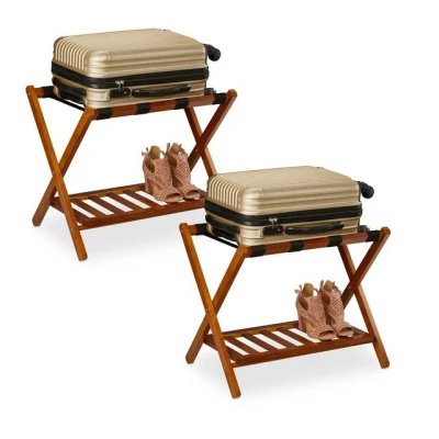 Abbildung von Relaxdays Kofferständer klappbar, 2er Set, Holz, H x B T: 54 66 45 cm, 2 Ablagen, Kofferaufbewahrung Hotel, Natur