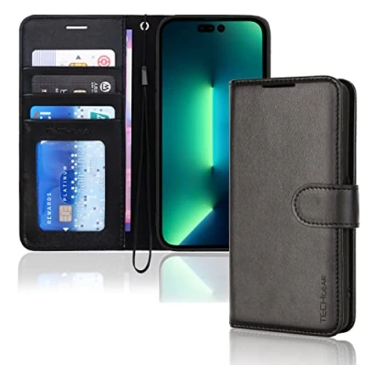 Abbildung von TECHGEAR hülle iPhone 14 Pro Max Leder klappbar, PU Flip Ledertasche [Brieftasche] Handyhülle mit Ständer und Handschlaufe Schwarz Kompatible (6,7&quot;)