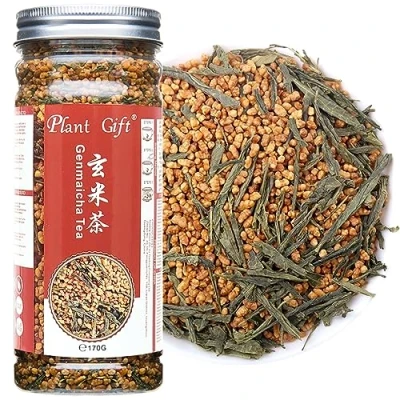 Abbildung von Plant Gift Organic Green Tea Loose Leaf Japanese Genmaicha 170g/6oz 玄米茶 Schwarz Reistee Genmai Matcha Röstete Brice Mischung