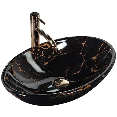 Abbildung von wohnwerk.idee Aufsatzwaschbecken Waschbecken Pamela Black Marble Shiny Marmoroptik 53x33cm