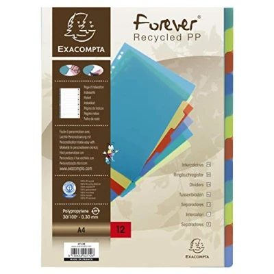 Abbildung von Exacompta 2712E Premium Register Forever für DIN A4 aus recyceltem Kunststoff 12 teilig volle Höhe 21 x 29,7 cm vollfarbig 2 6 Farben mit Indexseite zum selbstgestalten Blauer Engel Trennblätter