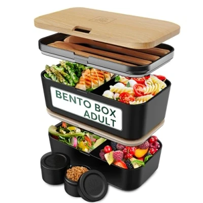 Abbildung von UMAMI Lunchbox Bento für Erwachsene mit Besteck und 2 Saucenbehältern, (Inkl. Zubehör Brotdose Fächern Meal Prep), als Brotdosen Salat, Snack Box, Auslaufsichere