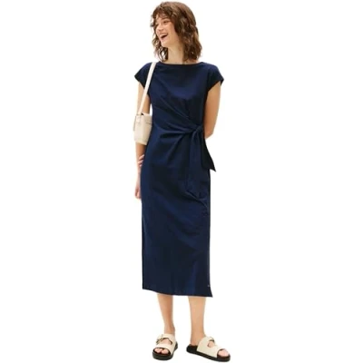 Abbildung von Tommy Hilfiger Damen Kleid Knot Midi mit U Boot Ausschnitt, Blau (Dark Night Navy), L
