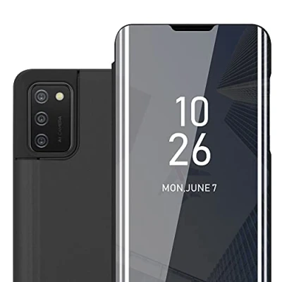 Abbildung von Cadorabo Hülle kompatibel mit Samsung Galaxy A02s Schutzhülle TPU Silikon Case 360 View Spiegel, Slim Kratzfest Weiche Gummi Rundumschutz Cover für in Schwarz