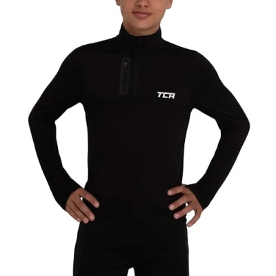 Abbildung von TCA Funktionsshirt Jungen Langarm Fusion Pro Quickdry Langarmshirt atmungsaktiv Wandershirt Laufshirt mit Reißverschluss Outdoor Longsleeve Sport Pullover Schwarz/Schwarz, 10 12 Jahre