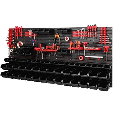 Abbildung von PAFEN Lagersystem Werkstattregal 1728 x 780 mm Wandregal mit Werkzeughalterung und 64 Schwarz Stapelboxen Wandplatten Schüttenrega