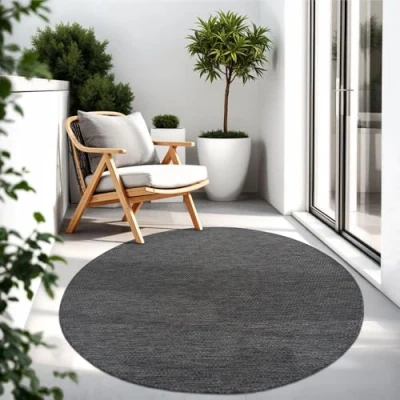 Abbildung von TT Home Teppich Für Outdoor Küchenteppich Balkon Terrasse Unifarbenes Design Modern, Farbe:Anthrazit, Größe:Ø 200 cm Rund