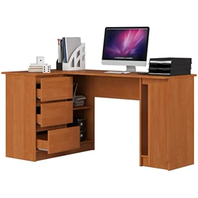 Abbildung von BDW Eckschreibtisch Links, 3 Schubladen und 4 Einlegeböden, viel Platz zum Ausbreiten, für Jugendzimmer, Büros Ateliers, Computertisch, Arbeitstisch, Bürotisch, 155x77x89, Erle
