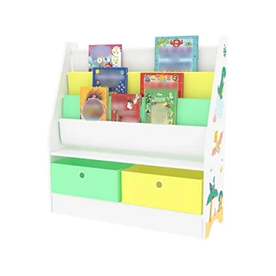 Abbildung von [en.casa] Kinderregal Neda Bücherregal für Kinder mit 3 Ablagefächern Dinosaurier Motiv Spielzeug Aufbewahrungsregal 2 Faltboxen Kinderzimmerregal stehend 74 x 71 23 cm Weiß/Grün/Gelb