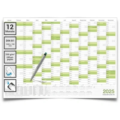 Abbildung von Kalenderoutlet ® Din B1 Wandkalender 2025 abwischbar XXL Jahresplaner 100x70 cm groß inklusive 1 Marker, feucht korrigierbar. Jahreskalender, Kalender in deutscher Sprache