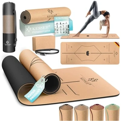 Abbildung von KESSER® Yogamatte Kork Inkl. Tragegurt Tasche &amp; Yoga Block Gymnastikmatte Matte rutschfest aus Naturkautschuk TPE Fitnessmatte, 183 x 62 Trainingsmatte für Fitness Sportmatte, Gymnastik extradick