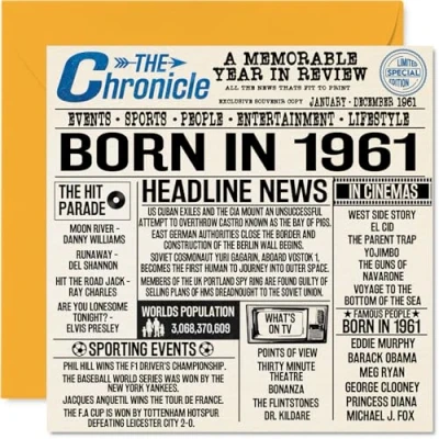 Abbildung von Geburtstagskarte zum 63. Geburtstag für Männer und Frauen Born In 1961 Zeitung Großvater, Oma, Vintage Retro Stil, 145 mm x mm,
