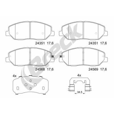 Abbildung von BRECK 24351 00 701 Bremsbelagsatz mit akustischer Verschleißwarnung Anti Quietsch Blech Zubehör HYUNDAI: SANTA FE 2, 3