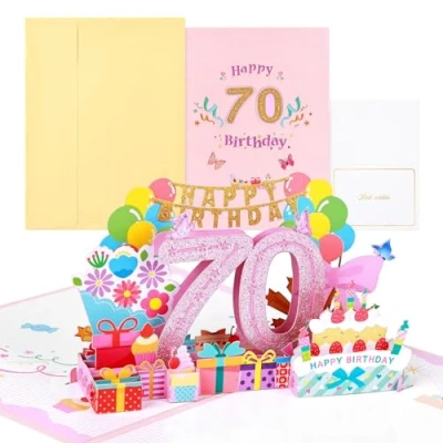 Abbildung von Joyoldelf 70 Jahre alte Geburtstagskarte, Pop Up Grußkarten, 3D Karte Geburtstag Grußkarte, Geburtstagskarten mit Umschlag für Frauen Mütter Mädchen Freunde Romantik Geschenk