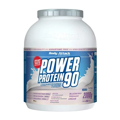 Abbildung von Body Attack POWER Protein 90 Blueberry Yoghurt Cream 2kg Dose Mehrkomponenten Pulver, Made in Germany Mit BCAA, Vitaminen &amp; L Carnitin Shake extra cremiger Geschmack