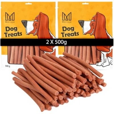 Abbildung von MERSJO Hundeleckerli 87% Hoher Fleischanteil, Keine Zusatzstoffe, Getreide und Zuckerfrei, Leckereien für Hunde zur täglichen Ergänzung, Natürliche Kauhilfe, Ente Kabanos, 1000g