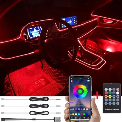Abbildung von TABEN Auto Atmosphärenlicht Kit Musiksynchronisation Mehrfarbig RGB 16 Millionen Farben 4 Meter Glasfaser USB Ambientebeleuchtung Kit, drahtlose RF Fernbedienung und Bluetooth App Steuerung DC 12V