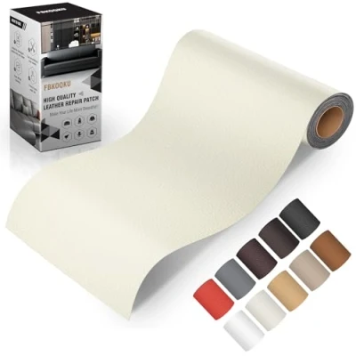 Abbildung von FBKOQKU Leder kunstleder selbstklebend, 10 x 200cm Reparatur set, Kit für Möbel, Sofa, Autositze, Taschen, und Renovierung(Elfenbeinweiß)