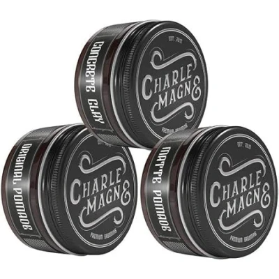 Abbildung von Charlemagne Haarstyling Bundle Bestehend aus Matte Pomade, Concrete Clay und Original Pomade Männer Geschenkset Pflegeset Haarpflege Geschenk Mann