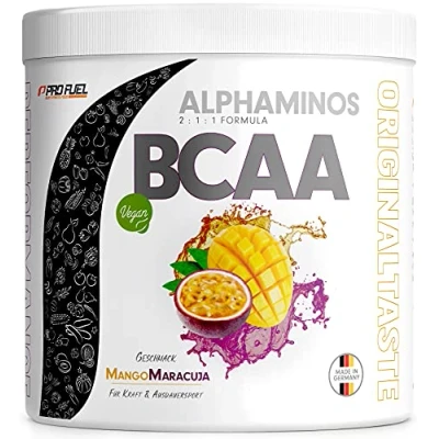 Abbildung von BCAA Pulver 300g MANGO MARCUJA Alphaminos 2:1:1 Drink mit 8000 mg unfassbar leckerer Geschmack, Essentielle Aminosäuren (EAA) Leucin, Isoleucin &amp; Valin 100% vegan und laborgeprüft