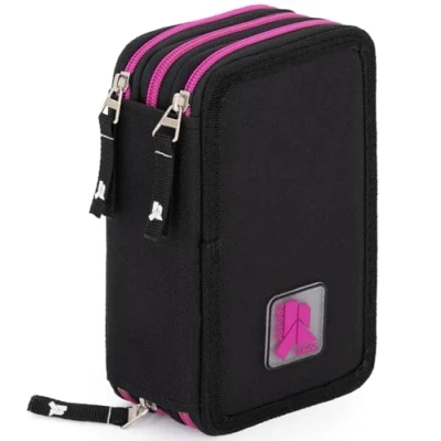 Abbildung von Julian Ross Stylische Mädchen Federmäppchen 3 Fach gefüllt, 45 TLG., Schwarz und Fuchsia, Radierbare Gelstifte, Filzstifte, Buntstifte, Schere, Kleber, Mit Reißverschlussfächern
