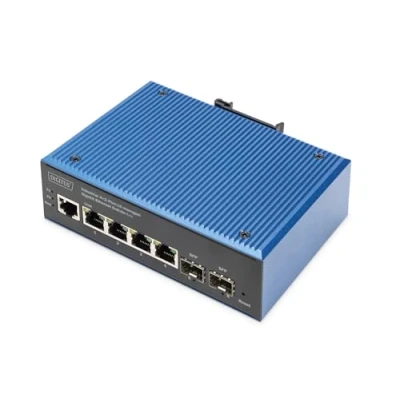 Abbildung von DIGITUS PoE Netzwerk Switch 6 Port Gigabit Ethernet 4X RJ45 + 2X SFP IP40 L2 Managed 10/100/1000 Mbit/s Hutschienenmontage Industrial Serie schwarz/blau
