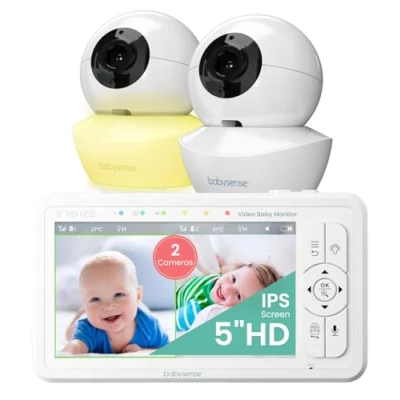 Abbildung von Babysense Babyphone HD 5 Zoll mit 2 Kameras, Video ohne WLAN, Nachtlicht, Wiegenlieder, 300m Reichweite, Zwei Wege Audio, 4 facher Zoom, 4000mAh Akku