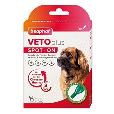 Abbildung von BEAPHAR VETOplus Spot ON Für Hunde Ab 30Kg Repellent Gegen Flöhe, Zecken, Mücken Und Herbstgrasmilben Sofortige Wirkung Schützt Bis Zu 12 Wochen 3 Pipetten Je 4ml