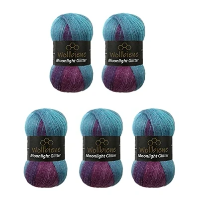 Abbildung von Moonlight Glitter Batik Simli 5 x 100g Strickwolle 500 Gramm Wolle zum Stricken und Häkeln 20% Metallic türkische Farbverlaufswolle Glitzerwolle (5960 beere lila türkis)