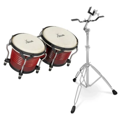 Abbildung von XDrum Bongos Pro Weinrot 2 Trommeln mit 6,5&quot; (17 cm) und 7,5&quot; (20 Durchmesser Bongotrommeln stimmbaren Naturfellen, Stimmschlüssel Ständer Holztrommeln Rot
