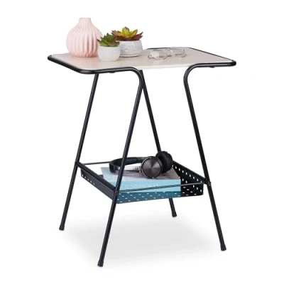 Abbildung von Relaxdays Beistelltisch mit Magazinablage, Metall, MDF, Tischplatte in Holzoptik, Beitisch HBT 55x45x35cm, schwarz/Natur
