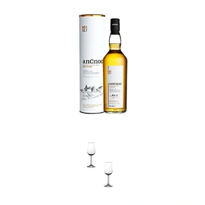 Abbildung von AnCnoc 12 Jahre Single Malt Whisky 0,7 Liter + Nosing Gläser Kelchglas Bugatti mit Eichstrich 2cl und 4cl 2 Stück