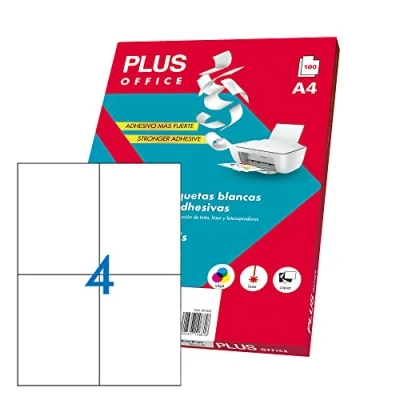 Abbildung von Plus Office Selbstklebende weiße Etiketten zum Drucken, 100 Blatt Aufkleber Papier auf A4 für Inkjet Drucker, Laser und Fotokopierer, 4 pro (105 x 148 mm)