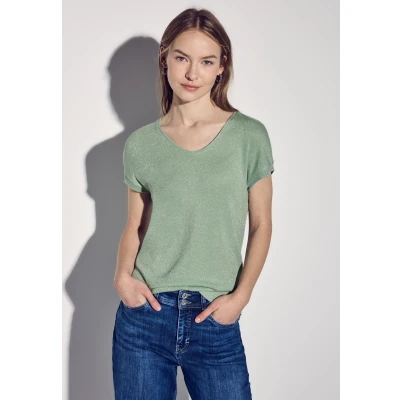 Abbildung von Street One Glitzerndes Vneck Tshirt basic, Damen, Größe: 34, Grün