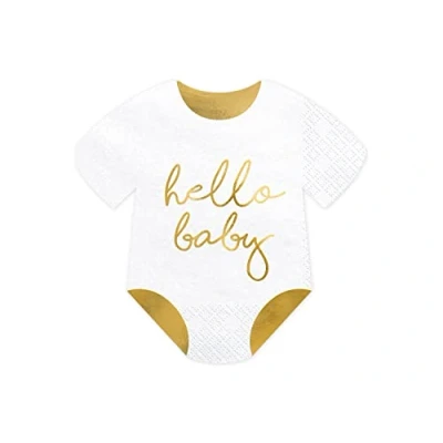 Abbildung von Servietten Hello Baby Strampler 32,5x31,5 cm 3 lagig 20 Stück Papierservietten Servierten für Geburt und Babyparty weiß gold bedruckt