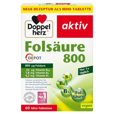 Abbildung von Doppelherz Folsäure 800 DEPOT Mit Vitamin C + B Vitamine zur Unterstützung der normalen Funktion des Immunsystems VEGAN 60 Mini Tabletten