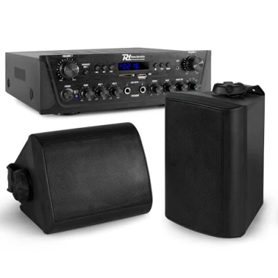 Abbildung von Power Dynamics 2 Zonen Lautsprecher Boxen Set mit Bluetooth Verstärker 2X 50W &amp; Outdoor Innen Außen MP3, FM Radio USB Inkl. Fernbedienung 20m Kabel