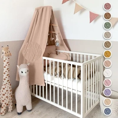 Abbildung von lilimaus Betthimmel Babybett mit Goldapplikationen [in 12 Farben] Himmel aus 100% Baumwolle Musselin Mädchen &amp; Jungen Himmelbett Kinderzimmer Babyzimmer Deko Baby Bett