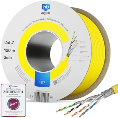 Abbildung von HB DIGITAL 100m CAT 7 Netzwerkkabel LAN Kabel Verlegekabel Ethernet Installationskabel 10 Gbit/s AWG23 S/FTP GHMT Zertifiziert reines Kupfer LSZH BauPVO Klasse Cca Datenkabel Simplex Gelb