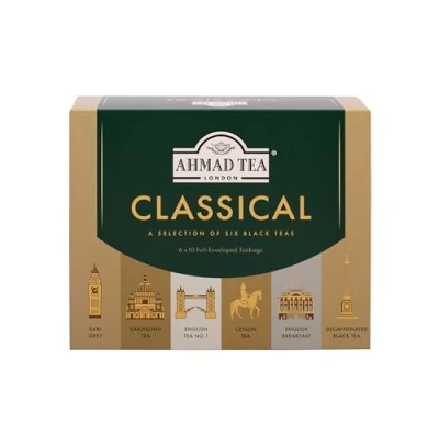 Abbildung von Ahmad Tea Classical Selection Schwarztee Sortiment Ceylon, English Breakfast, Darjeeling, Earl Grey, No 1, Evening ohne Koffein Einzeln verpackt und aromaversiegelt 60 Teebeutel