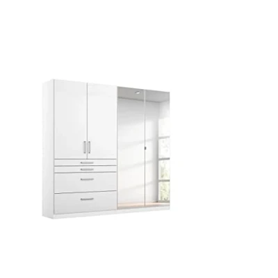 Abbildung von Rauch Möbel Homburg Schrank Kleiderschrank Drehtürenschrank Weiß / Hochglanz 4 türig mit Spiegel und Schubladen inkl. Zubehörpaket Basic 3 Einlegeböden, 1 Kleiderstange BxHxT 181x197x54 cm