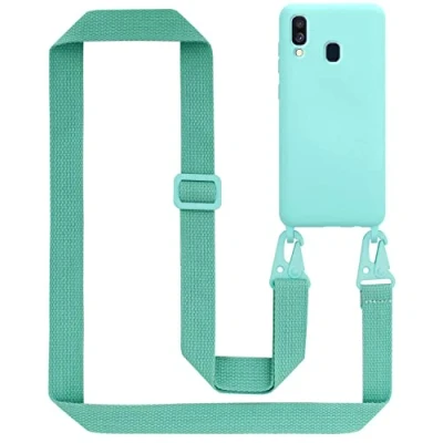 Abbildung von Cadorabo Handykette kompatibel mit Samsung Galaxy A40 Schutzhülle TPU Liquid Silikon Case Necklace verstellbarem Band Kordel Etui Rundumschutz Hülle für in Türkis