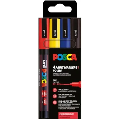 Abbildung von POSCA Uni Ball 186545 Marker Set, 4 Acrylstifte PC 3M, Permanent 0,9 1,3 mm Rundspitze