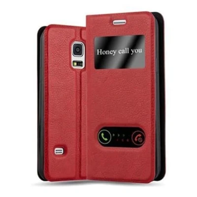Abbildung von Cadorabo Hülle kompatibel mit Samsung Galaxy S5 Mini / DUOS Sichtfenster aus Kunst Leder Klappbare Magnetische [Kartenfächern] Cover für Tasche in Rot