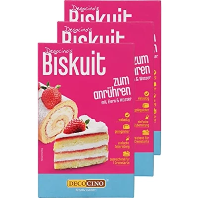 Abbildung von DECOCINO Biskuit Backmischung Set (3x250 g) einfache Zubereitung gelingsicher zum Backen von luftigen Biskuitböden, Creme Torten, Biskuitrollen uvm.