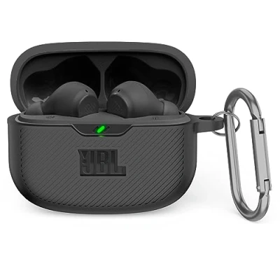 Abbildung von MOWYEOK Silikon Hülle kompatibel mit JBL Vibe Beam/JBL Wave 200TWS, Tragbare Kratz und stoßfeste Silikonhülle, Front LED sichtbar, für Beam Gehäusezubehör, Karabiner Schwarz