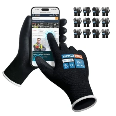 Abbildung von KAYGO 12 Paar Arbeitshandschuhe Touchscreen PU beschichtet Schutzhandschuhe, antirutsch Griff an Handflächen und Fingern, Geeignet für DIY allgemeine Arbeit Gartenarbeit (Schwarz, XL, Gr 10)